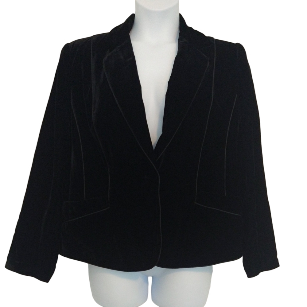Lane Bryant Black Velvet 1 Button Blazer Pockets Contrast Piping Evening Party
